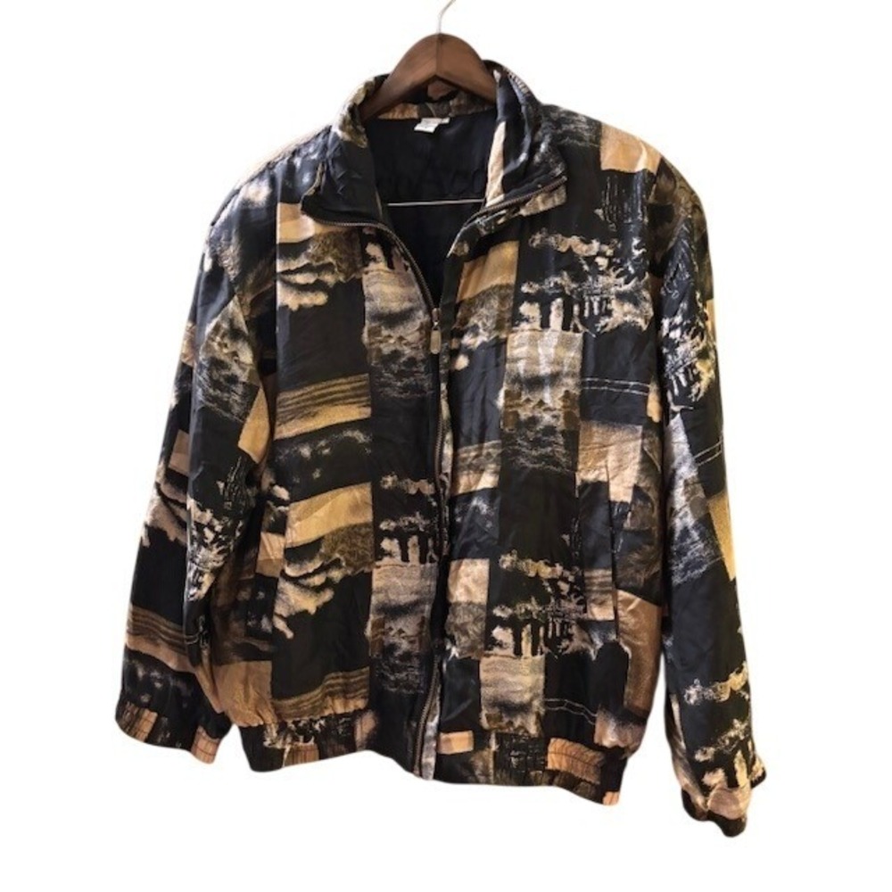 COACO Vintage 100% Silk Bomber Jacket Abstract Landscape Print Black Gold Large